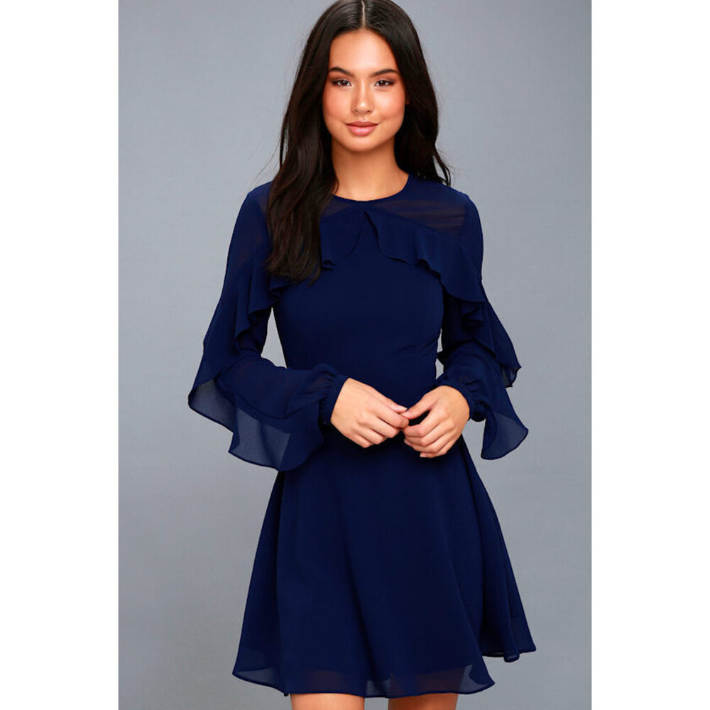 Lulus Longtime Love Navy Blue Long Sleeve Skater Dress - Size Small